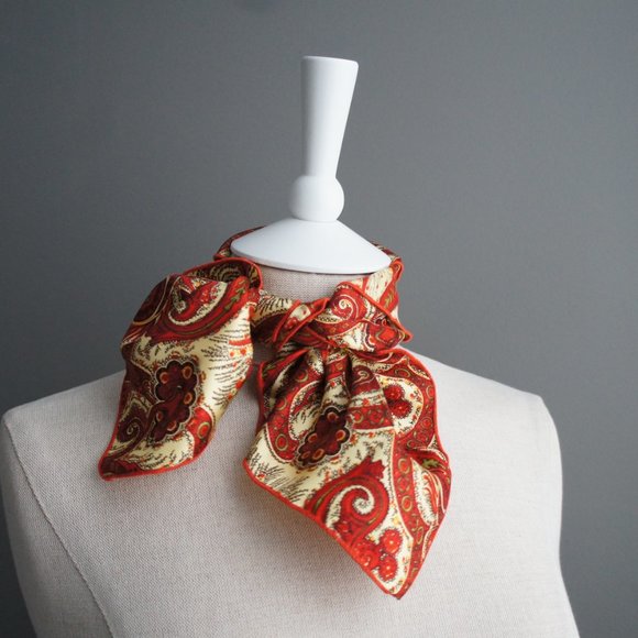 Red & Gold Paisley Vintage Neck Scarf or Pocket Square - Picture 10 of 13